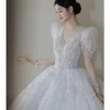 2024 New Luxury Long Sleeve Wedding Dress Lace Applique V Neck Bridal Dress Ball Gown Vestido De Noiva Floor lenght Or Big Tail - Image 2