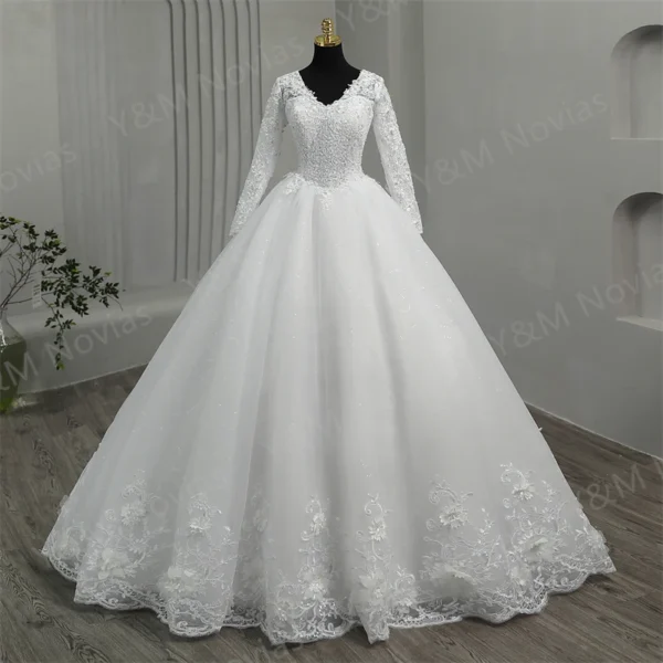 Custom Aline Gowns White Ivory Deep V Neck Bridal Dress with Long Sleeve Wedding Dresses Luxury Beading Lace Vestidos De Novia