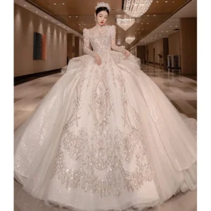 Y&m Novias High Neck Long Sleeve Wedding Dress Plus Size Vestido De Vintage Luxury Bead Bridal Princesse Gown Cathedral Train